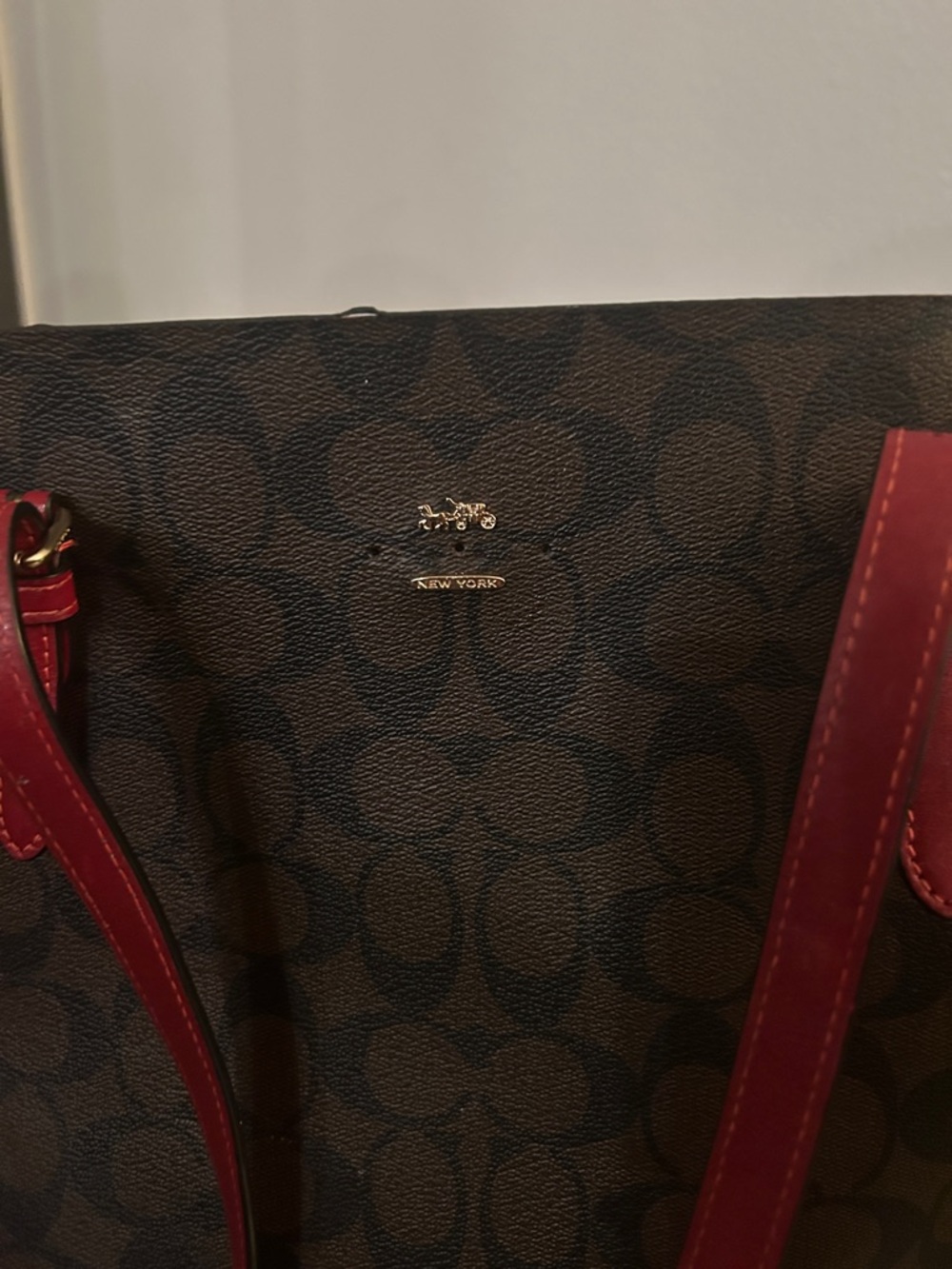 Coach Brown Signature Tote with Red Leather Straps - Picture 11 of 11